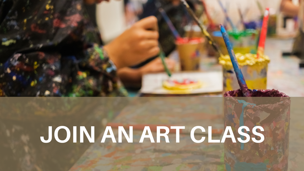 join an art class- image of art class pots with white text on brown